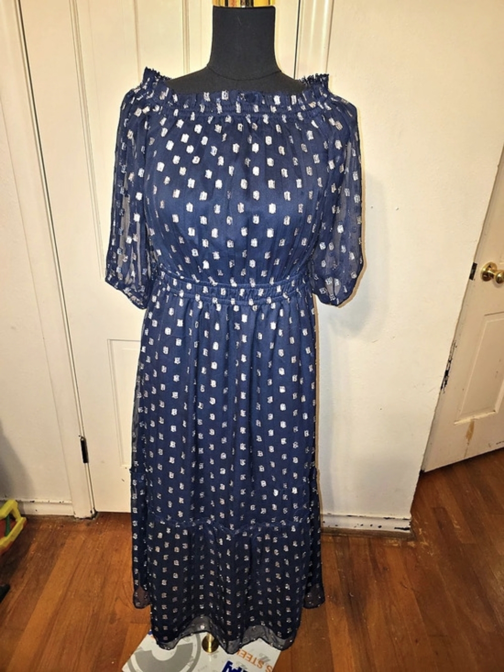LOFT Shimmer Clip Balloon Sleeve Off The Shoulder Midi Dress Shoulder Midi Dress